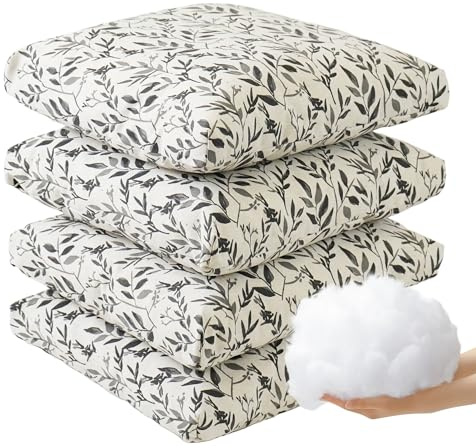 Viste tu hogar Pack 4 Cojín Silla Exterior 45x45cm, Tela Alta Densidad, 50% Algodón 50% Poliéster, Impermeables, Resistentes UV Y Desgarro, Lazos De Sujeción,Negro Hoja Fina,Fabricado En España