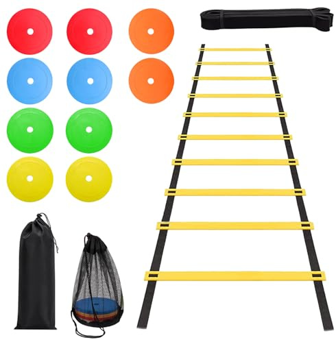 Sweetfularyeen Fußball Trainingsset, Inklusive 5 m Lange Koordinationsleiter, 110-180 cm Zugband, Nicht Verformbar und Bruchfest, Ideal für Koordination und Beweglichkeit
