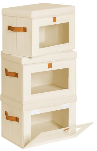 Homsorout Fabric Storage Boxes with Lids - 3 Pack Foldable Basket Bins for Clothes & Toys, Front Opening Cubes with Handles for Shelves, Bedroom, Office, Wardrobe, Beige, 35 x 25 x 25 cm