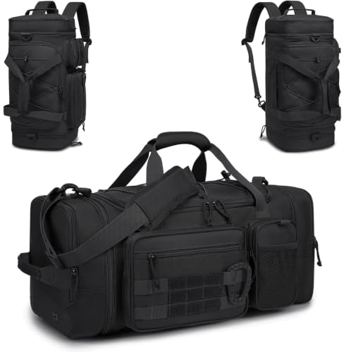 TONRUYN 3 i 1 Taktisk Sportväska för Män, Expanderbar Resväska Duffel 50-55L med Skofack och Ficka för Blöta Saker, Ryggsäck för Träning, Weekendäventyr och Utomhus, Svart