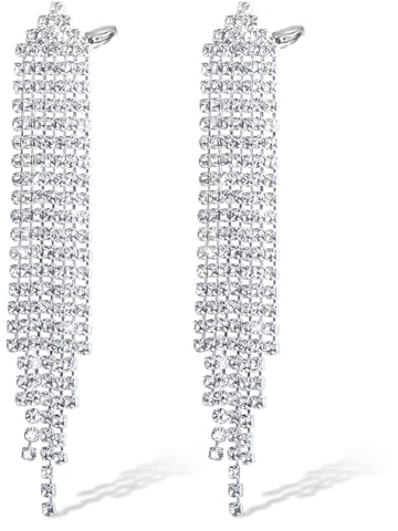Orecchini a Clip con Strass, LucBuy Orecchini Pendenti a Goccia in Argento con Nappe, Gioielli Leggeri con Frange Lunghe in Cristallo per Matrimoni, Balli di Fine Anno e Feste (B)