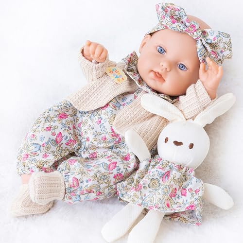 Odoukey 12 tums babydocka för småbarn, rörligt ledad set med klädtillbehör, kaninleksak för flickor 1–6 år och äldre, ljusbrun
