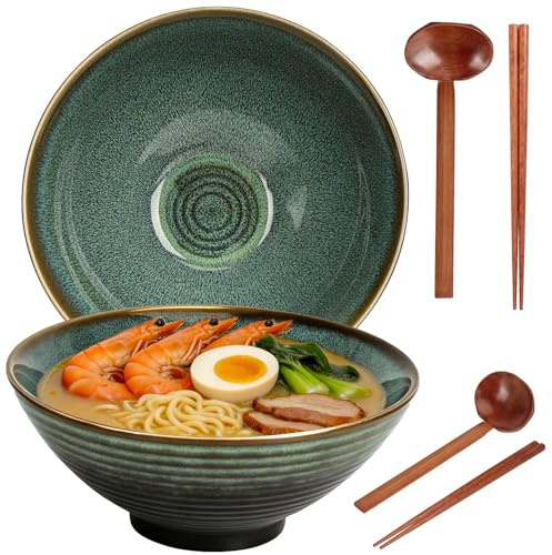 Juego de 2 Cuenco de Ramen, Ramen Bowl de Cerámica de 1200 ml con Palillos y Cucharas, Bol Ramen Japonés, Tazón Ramen De Cerámica, Ensaladeras, Tazones de Sopa de Porcelana