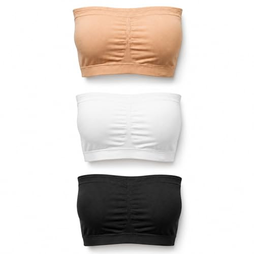 Strapless Bras for Women, Comfortable and Secure Fit, Three Piece Set of Bandeau Tops, Ideal for Various Outfits and Occasions, Size L UK Black