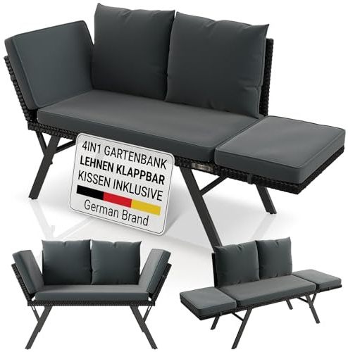 Juskys® Banc Multifonctions Calvia Noir/Gris - transat Pliable en polyrotin résistant, Banc Jardin Charge 240 kg