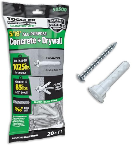 TOGGLER Alligator AF8 Flanged Polypropylene Anchors, Heavy Duty Wall Anchors for Concrete, Brick, Stone & Drywall, Fits #8–#14 Screws, 5/16 Size, 85 lb in 1/2 Drywall (Pack of 20 with Scews)