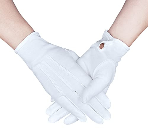 Zenssia Parade Formal White Cotton Tuxedo Costume Gloves with Snap Cuff, Silver Coin Jewelry Inspection Gloves 1 Pair