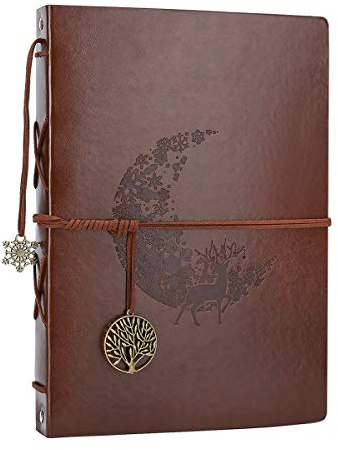 AIOR Photo Album Scrapbook, Vintage Leather Scrap Book Refillable Black Pages Memory Book,Christmas Thanksgiving Birthday Gift for Mum Him Her, Wedding Anniversary Present for Men Women (Moon Deer)