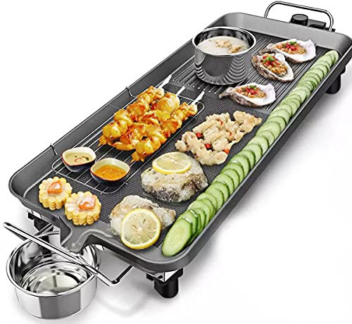 Electrical Grill 1500W BBQ Barbecue Table Top Griddle Non-Stick Hot Plates, Adjustable Temperature Control Smokeless Portable Electric Teppanyaki Grill for lndoor or Outdoor Use (L, 48 x 27 x 8 cm)