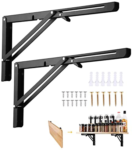 Viesap Escuadras Abatibles, 400mm, 2 PCS, Soporte de pared plegable de Estantería , Estante, bisagras de Acero con Tacos y Tornillos, Sin acabado, Carga Máxima: 70kg