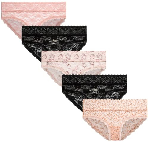 Jessica Simpson Women's Hipster Underwear - 5 Pack Microfiber Lace Trim No Show Seamless Panties, (Sizes: S-XL), Size Medium, Rose/Black