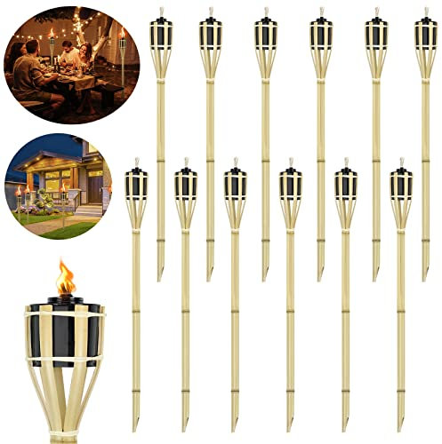 YRHome Lot de 12 torches de jardin en bambou pour extérieur - Torche de jardin naturelle - Torche à huile d'ambiance - Hauteur : 90 cm - Avec mèche - - Rechargeable - Décoration de jardin