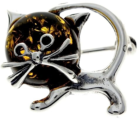 Broche de plata de ley 925 y ámbar báltico auténtico, diseño de gato 4174, Plata esterlina, Ámbar