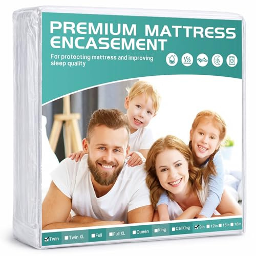 39x75 Twin Waterproof Mattress Protector for Kids, 9 Deep, Zippered Mattress Encasement Cover with Breathable Premium Terry Top Fabric