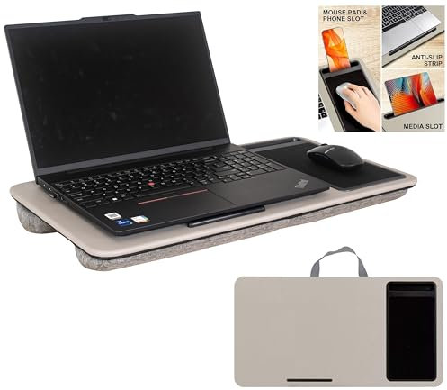HYFIVE Bandeja para portátil con cojín, almohada de escritorio, mesa portátil para tableta, alfombrilla de mouse integrada y ranura para teléfono para cama, mesa de sofá, color beige