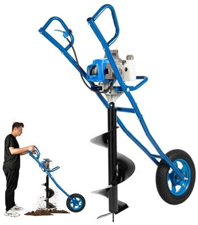 Tarière à essence, 2 temps, 63 cc, 2,2 kW, avec roues, embouts de perçage de 300 mm, type poussée manuelle, foret à essence, poteaux de clôture avec réservoir de 1,3 l