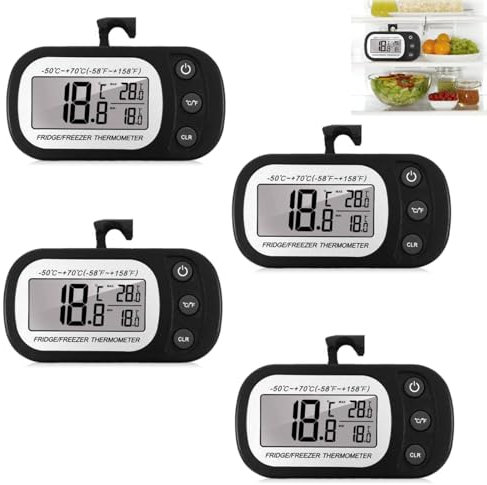 Asfrode Termometro Digitale per Frigorifero: 4 Pezzi Impermeabili con Display LCD, Registrazione Max/Min, Ideale per la Cucina (Nero*4)