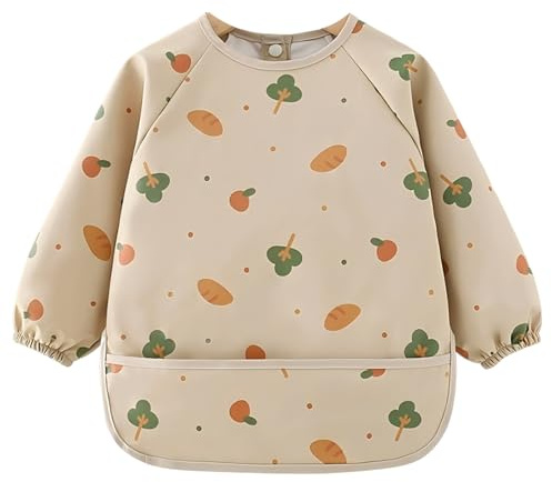Babero con Mangas Largas Impermeable para Bebés de 0 a 24 Meses,Ideal para Alimentación,Cubrepañal Suave de PU con Diseños Divertidos (Marrón)