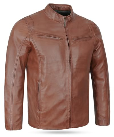 Leatherick Chaqueta de motociclista de piel de cordero para hombre - Chaqueta de motociclista negra, resistente y cálida, con cremallera (FR/ES, Letras, L, Regular, Regular, Chaqueta Hooper Marrón)