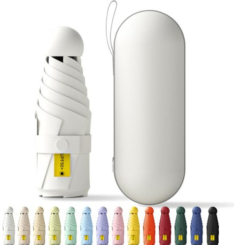 Betrynidil Parapluie Pliable de Voyage MINI - Mini Parapluie De Poche, Anti-UV, Léger, Compact, petit parapluie portable compact pour hommes et femmes Avec boîte capsule (Blanc)