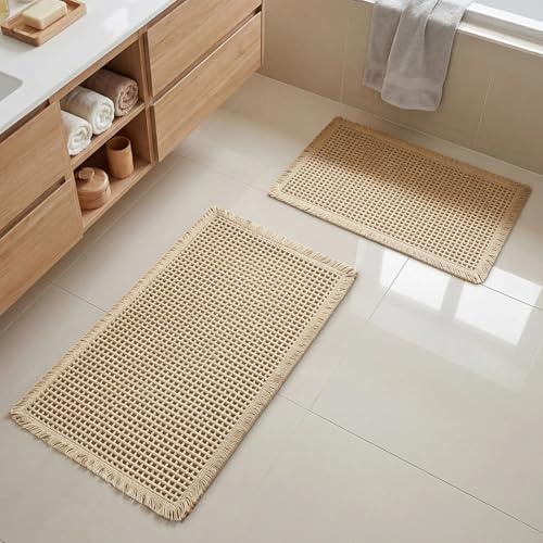 wiipara Badezimmerteppich Set 2 Teilig, Boho Waffel Badteppich, Beige