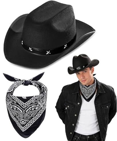 GYIOFAI 2 Pcs Felt Western Hats & Bandanas Texas Texan Costume Accessories, Wild West Western Sheriff, Western Cowboy Fancy Dress Costume for Birthday Halloween, Bachelorette, Bachelor Party Cosplay