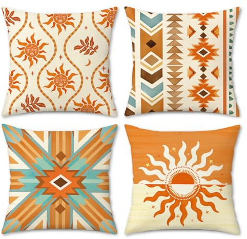 Bonhause Fundas Cojines Boho Naranja 45 x 45 cm Funda de Almohada Diseño Solar Étnico de Tribus del Suroeste Cojines Decoración para Sofá Cama Silla Patio Jardín Hogar Juego de 4