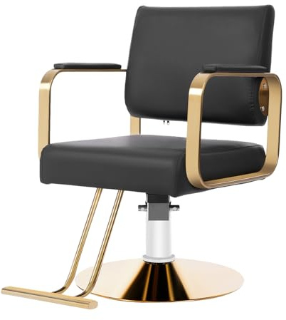 dunghLin 360° Rotatable Salon Chair, Barber Chair with Hydraulic Height Adjustable, 440lbs Multi-Function Hair Chair with Footrest & PU Cushion for Hair Salons, Barber Shops & Home (Black + Gold)