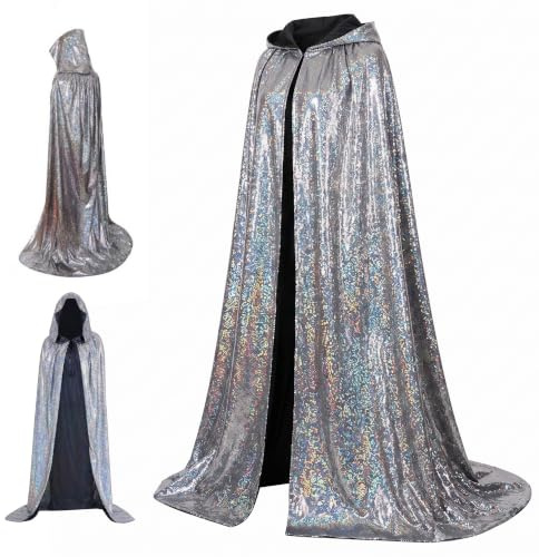 Otbushit Silver cape, mantel med huva, justerbar dragsko, silver, 140 cm | Mjukt flödande tyg, passar de flesta kvinnor, bra för cosplay och halloween