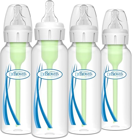 Dr. Brown's Natural Flow Anti-Colic Options+ Narrow Baby Bottle, 8 oz/250 mL, with Level 1 Slow Flow Nipples, 0m+, 4 Pack