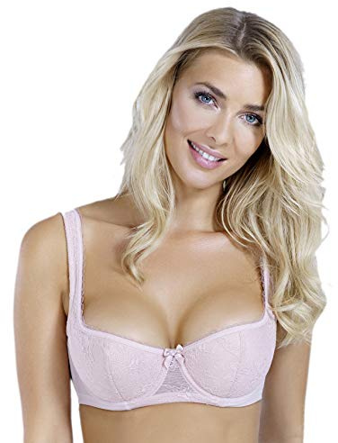 Rosme Women's Balconette Bra with Push Up Effect – Plus Size Sexy Lace Demi Half Cup Bra – Lightly Padded Underwired Low Cut Mesh Design Eliza, Beige, Size 44A