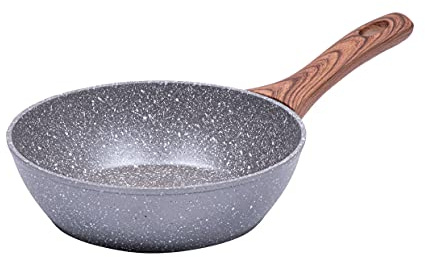 RESTO Tiefe Bratpfanne 20cm, Wokpfanne aus geschmiedetem Aluminium mit vierschichtiger Marmor-Antihaftbeschichtung und mit ergonomischem weichem Griff in Holzoptik (h= 6,0 cm)