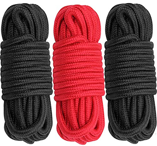 Cosymate Lot de 3 cordes en coton doux tout usage avec nœud torsadé - 8 mm de diamètre - 10 m de long - 1 rouge et 2 noirs