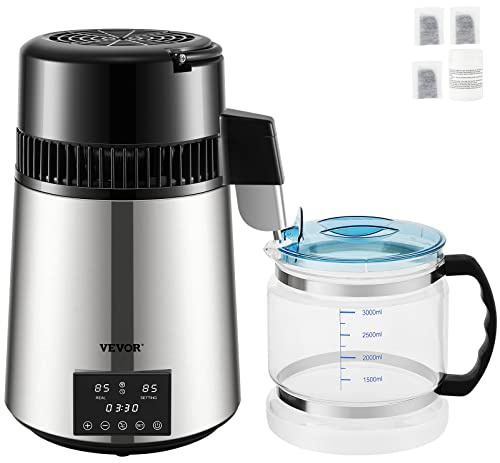 VEVOR Water Distiller, 304 Stainless Steel Countertop Water Stiller, 0.3Gal/H, 0-99H Timing Dual Temp Display, 1.1Gal Distilled Water Maker Machine, Glass Carafe, 3 Carbon Bags, Citric Acid Powder