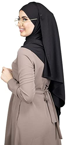 Hijab con cordones para atar con aberturas para gafas/auriculares de jersey premium acanalado para mujer musulmana velada HE510, Negro , Talla única