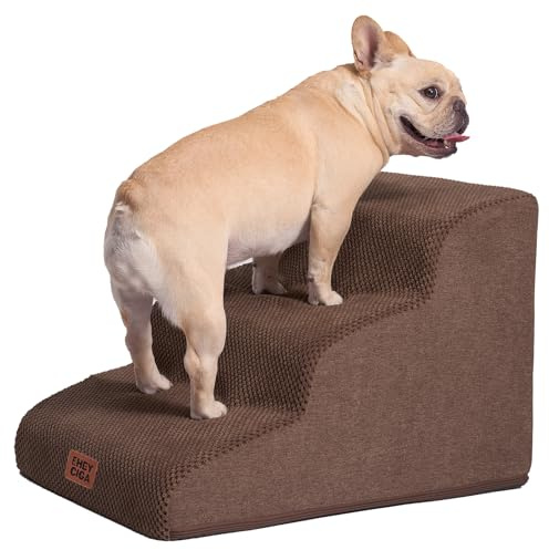 EHEYCIGA Escalier pour Chiens et Chats, Rampe pour Chien 3 Marches, Mousse Haute Densité, Surface Antidérapante, Housse Amovible et Lavable, pour Canapé et Lit, Marron