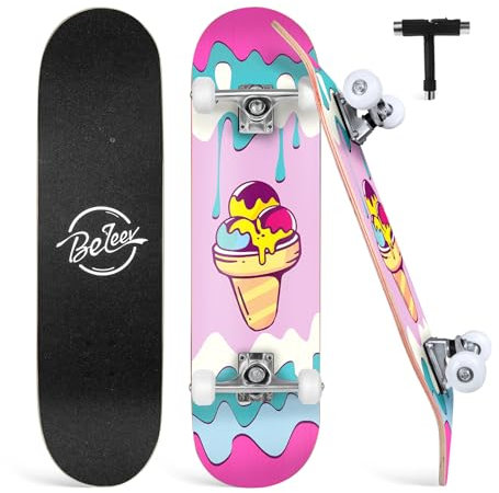 BELEEV Skateboard 31x8 Zoll Komplette Cruiser Skateboard für Kinder Jugendliche Erwachsene, 7-Lagiger Kanadischer Ahorn Double Kick Deck Concave mit All-in-one Skate T-Tool für Anfänger
