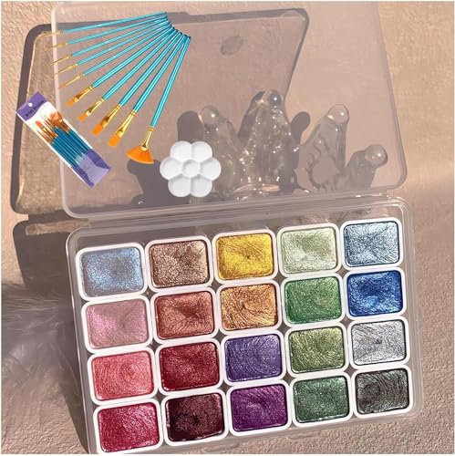 Figskey Ensemble de peinture aquarelle 2024 2024, ensemble de peintures aquarelles métalliques, boîte de peinture aquarelle à paillettes, ensemble de peinture à paillettes métalliques (A - 1 ml × 20)