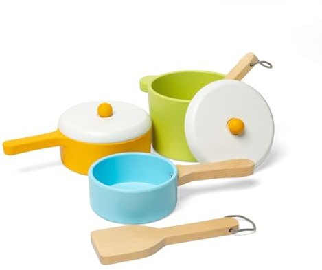 Bigjigs Toys Wooden Pots & Pans - 7 Piece Pretend Playset For Children, Kids Kitchen Accessories, Sustainable Gifts & Playsets, Nurtures Mini Imaginations, Age 18 Month Old +
