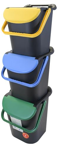 VIRSUS Set 3 Pattumiere a Torre per Raccolta Differenziata 1587, misura 40x40x43 cm, Capacità 30 Litri, Bidoncini Spazzatura Salvaspazio Impilabili, 2 Maniglie, Colori Giallo, Verde e Azzurro