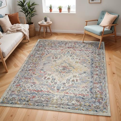Livabliss Casablanca Vintage groß - Wohnzimmer 140x200 cm, Esszimmer, Schlafzimmer, Orientalischer e Boho Style - Carpet Living Room, Bunter Muster, Taupe und Creme