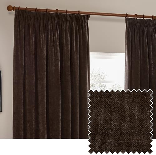 furn. Yard Heavy Chenille Pencil Pleat Curtain Pair – Lined Room Darkening Soft Velvet Curtains (Brown - Width 229 x Drop 229cm)