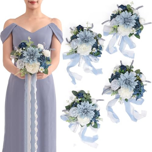 TINGE TIME 7inch Wedding Bouquets for Bridesmaid, Artificial Flowers Cascading Bridal Bouquet for Wedding (DarkBlue, Set of 4)