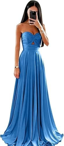 Abito da sera lungo da donna, in raso, senza spalline, da damigella d'onore, a trapezio, con volant., Blu, S
