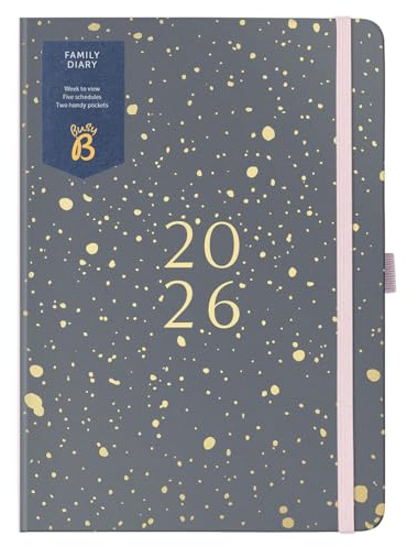 Busy B Agenda familiar 2026, tamaño A5, agenda semanal con 5 horarios, cubierta de lámina de color carbón y dorado, planificador de vida para familias ocupadas, incluye planificador anual, cumpleaños