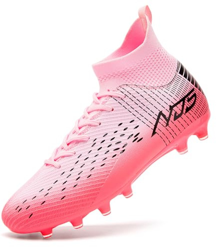 Mokayu Chaussures de Football Homme Haute Bande Spike Crampons Profession Chaussures de Foot Adultes Athlétisme Entrainement Chaussures de Sport Rose EU 44