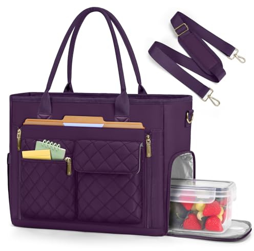 RAINSMORE Teacher Work Bag Laptop Bag with Lunch Compartment 15.6 Inch Laptop Tote Bags for Women Ladies Laptop Handbag for Nurses Office College Dark Purple