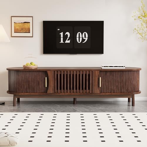 Raeln TV Lowboard 165 cm brunt trä utseende TV-skåp skjutdörr fällbar dörr vintage retro design TV-skåp 5 stödben lämpliga för 65 tums TV-apparater vardagsrum