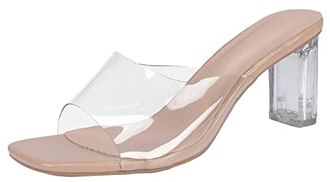 Sandalias de tacón alto grueso de PVC transparente con punta abierta de cristal, cuñas de plataforma transparente con diamantes de imitación, zapatos de vestir para fiestas y bodas, beige, 38 EU