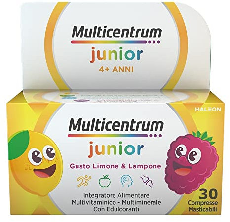 Multicentrum Junior Integratore alimentare Multivitaminico Completo, apporto completo formulato per i bambini 4+, Senza Glutine, Gusto Limone e Lampone, 30 Compresse Masticabili